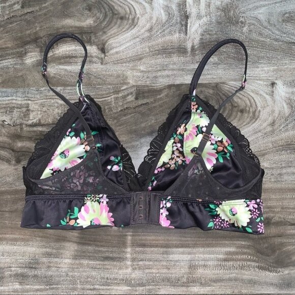 Aerie Bralette Women’s Size Medium Brown Pink Floral Shine Triangle Lace Silky‎ - Picture 3 of 10